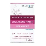 Façade d'une boîte de compléments alimentaires Granions étiquetés "Complexe Hydratation", contenant de l'acide hyaluronique, du collagène marin, des céramides et de la niacinamide. La boîte met en avant les bénéfices pour l'hydratation de la peau et indique que le produit ne contient ni gluten, ni lactose, ni conservateur, ni sucre. Dakar