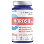Une bouteille de Granions Laboratoire Morosil 400, un complément alimentaire. L'étiquette est violette et blanche, énumérant les bienfaits pour la silhouette, avec des icônes indiquant qu'il est sans lactose, sans gluten, sans colorant et sans conservateur. Dakar