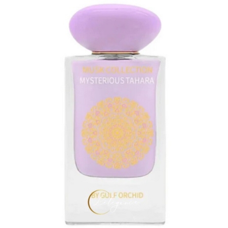 Un flacon transparent avec un bouchon violet et une étiquette à motifs dorés indique "Musk Collection Mysterious Tahara by Gulf Orchid". Découvrez Gulf Orchid Mysterious Tahara Eau de Parfum Unisex 60ml. Dakar