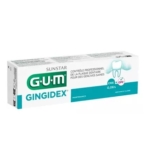 Boîte de dentifrice GUM Gingidex, étiqueté pour un contrôle professionnel de la plaque dentaire et des gencives saines, avec CHX 0,06% et CPC. La boîte est principalement blanche avec des accents verts et bleus. Dakar