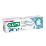GUM Original White Dentifrice 75ml est présenté dans une boîte essentiellement blanche avec des accents verts et bleus. L'emballage en français et en néerlandais met en avant un blanchiment naturel, une protection anti-tâches et une formule douce. Dakar