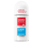 Hidrofugal Déodorant Roll On Anti Transpirant Hydrofuge Classique 50ml est présenté avec un bouchon blanc et une étiquette aux accents rouges et bleus, soulignant une protection forte et une efficacité scientifiquement prouvée. Dakar