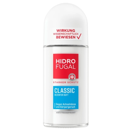 Hidrofugal Déodorant Roll On Anti Transpirant Hydrofuge Classique 50ml est présenté avec un bouchon blanc et une étiquette aux accents rouges et bleus, soulignant une protection forte et une efficacité scientifiquement prouvée. Dakar