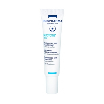 Tube blanc de la crème de soin éclaircissante pour le contour des yeux Isispharma Neotone Eyes, conçue pour réduire les cernes et les poches. Le nom et la description du produit sont imprimés en bleu sur la face avant. Dakar