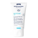 Un tube blanc étiqueté "ISISPHARMA NEOTONE Gel" avec des accents bleus. Le produit est décrit comme un gel nettoyant exfoliant pour les taches brunes, avec un texte multilingue sur le devant et un format de 150 ml en bas. Dakar