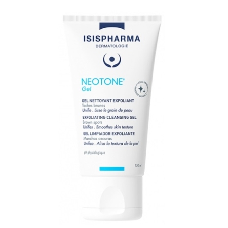 Un tube blanc étiqueté "ISISPHARMA NEOTONE Gel" avec des accents bleus. Le produit est décrit comme un gel nettoyant exfoliant pour les taches brunes, avec un texte multilingue sur le devant et un format de 150 ml en bas. Dakar