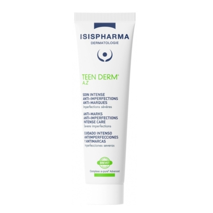 Tube blanc de Isispharma Teen Derm AZ Soin Intense Anti Imperfections Sévère Acide Azelaique 30 ml, conçu pour les imperfections sévères de la peau, avec un texte bleu et vert sur le devant. Dakar