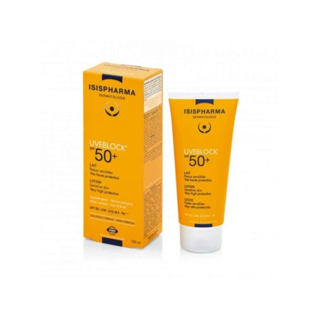 Une boîte jaune et un tube assorti de lotion solaire ISISPHARMA UVEBLOCK SPF 50+, tous deux étiquetés pour une protection solaire élevée, sont présentés sur un fond blanc. Dakar