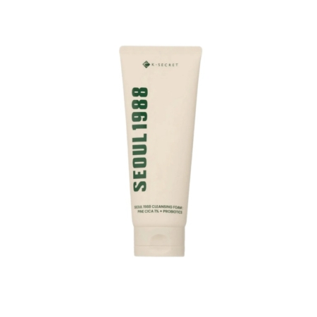 Tube beige de 150 ml de K-Secret Mousse Nettoyante Séoul 1988 Pin Cica 1 % + Probiotiques avec texte vert sur le devant, présenté à la verticale sur fond blanc. Dakar