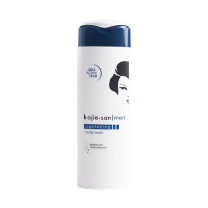 Un flacon blanc de Kojie San Men Lightening Body Wash avec un bouchon bleu marine, un texte bleu et noir, et un visage illustré avec des lèvres rouges sur l'étiquette frontale. Dakar
