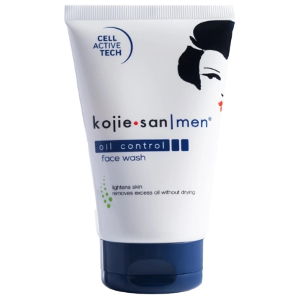 Tube de nettoyant pour le visage anti-huile Kojie San Men, avec un contour de visage stylisé, un bouchon bleu et un texte soulignant la technologie cellulaire active, le contrôle de l'huile et les avantages tels que l'éclaircissement de la peau et l'élimination de l'excès d'huile. Dakar