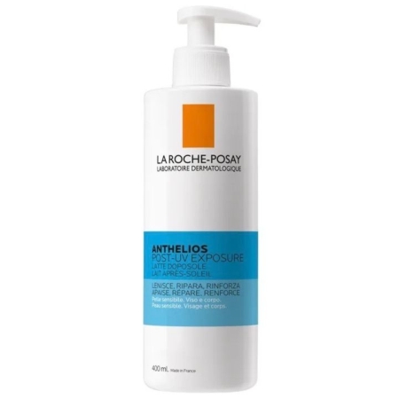 Un flacon pompe blanc de La Roche-Posay Anthelios Post-UV Exposure lotion, 400 ml, avec des accents bleus et orange et un texte en français et en italien, conçu pour la peau sensible du visage et du corps après une exposition au soleil. Dakar