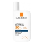 Flacon blanc de la crème solaire La Roche-Posay Anthelios UVMUNE 400 avec SPF 50+, avec une étiquette bleue et orange et un bouchon à charnière. Le texte souligne la haute protection, la texture fluide et l'absence de parfum. Dakar