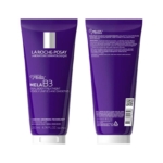 Deux tubes violets de La Roche-Posay MelaB3 Dual Body Treatment, présentés recto et verso. La face avant indique le nom du produit et sa taille, tandis que la face arrière présente des instructions d'utilisation et un code-barres. Dakar