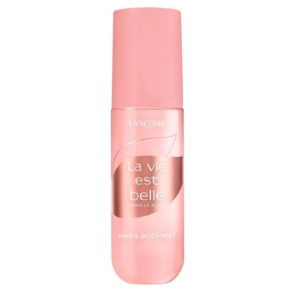 Le flacon rose de 100 ml de Lancome Brume pour Cheveux et Corps La Vie Est Belle Vanille Nude présente une étiquette brillante, un bouchon assorti, un texte blanc et un subtil motif de feuilles sur l'emballage. Dakar