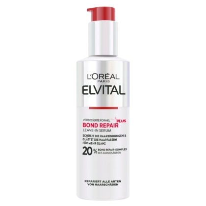 Un flacon blanc de L'Oréal Paris Elvital Bond Repair Leave-In Serum avec une pompe rouge, présentant des détails sur le produit en noir et rouge, et des allégations sur la réparation et la brillance des cheveux. Dakar