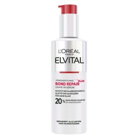 Un flacon blanc de L'Oréal Paris Elvital Bond Repair Leave-In Serum avec une pompe rouge, présentant des détails sur le produit en noir et rouge, et des allégations sur la réparation et la brillance des cheveux. Dakar