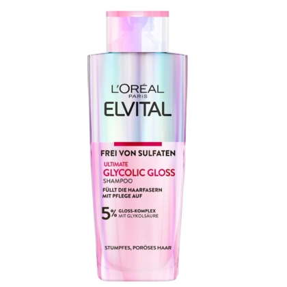 L'Oréal Elvital Shampooing Brillance Glycolique 200 ml - flacon rose irisé étiqueté "Frei von Sulfaten" et "5% Gloss-Komplex", conçu pour les cheveux ternes et poreux. Dakar