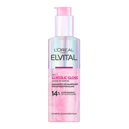 Un flacon pompe rose et blanc de L'Oréal Elvital Ultimate Glycolic Gloss Sérum Sans Rinçage Brillance 150ml avec 14% de complexe brillant pour les cheveux ternes. Le texte en allemand met l'accent sur les bénéfices en termes de brillance. Dakar