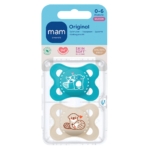 La Mam Sucette en Silicone Original Bleu Beige 0 à 6 mois lot de 2 comprend deux sucettes en silicone sans BPA/BPS - une sarcelle avec un renard et un oiseau, une beige avec un ours et un cœur - conçues en toute sécurité pour le confort de votre bébé. Dakar