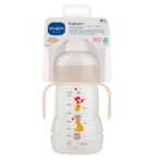A Mam Tasse à Bec pour Bébé à partir de 4 mois 220 ml avec des poignées, des illustrations d'animaux et des indications de mesures sur le côté ; l'emballage est présenté derrière le flacon. Dakar