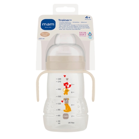 A Mam Tasse à Bec pour Bébé à partir de 4 mois 220 ml avec des poignées, des illustrations d'animaux et des indications de mesures sur le côté ; l'emballage est présenté derrière le flacon. Dakar