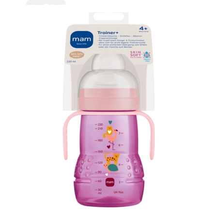 La Mam Tasse à Bec Trainer Rose (220 ml, 4+ mois) est un gobelet rose pour bébé avec des repères de mesure, des illustrations d'animaux et deux poignées, présenté dans son emballage. Dakar