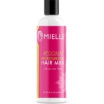 Une bouteille blanche avec une étiquette rose indiquant "Mielle Avocado lait cheveux 240ml", avec une feuille stylisée et un dessin d'avocat. Dakar