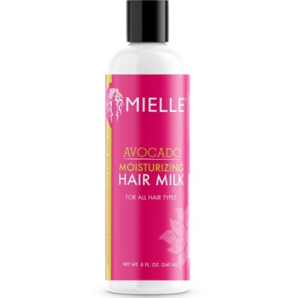 Une bouteille blanche avec une étiquette rose indiquant "Mielle Avocado lait cheveux 240ml", avec une feuille stylisée et un dessin d'avocat. Dakar