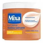 Un contenant orange et blanc de Mixa La Crème Nutritive Satinante, une crème hydratante pour le visage, le corps et les mains, à base de beurre de cacao et de karité, étiquetée hypoallergénique et convenant aux peaux très sèches. Dakar
