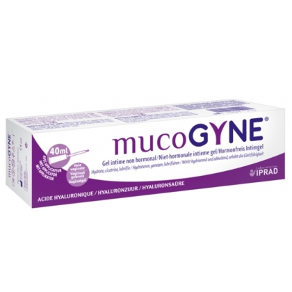 Une boîte rectangulaire de MucoGYNE gel intime non-hormonal, 40ml, par les Laboratoires IPRAD. La boîte est blanche et violette avec des détails sur le produit en plusieurs langues et mentionne l'acide hyaluronique. Dakar