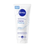 Un tube blanc de 200 ml de Nivea Creme Peeling, exfoliant pour la douche, avec des accents bleus, des graphiques d'éclaboussures d'eau et des détails sur le produit en allemand sur le devant. Dakar