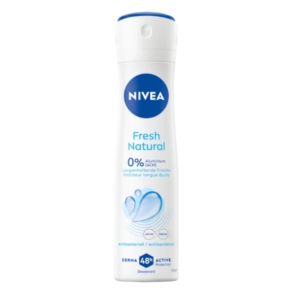 Un aérosol blanc de déodorant Nivea Fresh Natural, avec un texte et des graphiques bleus, étiqueté "0% Aluminium" et "48h de protection active" avec des propriétés antibactériennes. Dakar