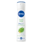 Une bombe blanche de Nivea Déodorant 48H Fresh Pure 150 ml avec un bouchon bleu, avec 0% d'aluminium, une protection antibactérienne et une fraîcheur longue durée ; l'étiquette montre des feuilles vertes et une petite fleur jaune. Dakar