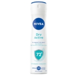 Une boîte blanche de spray anti-transpirant Nivea Dry Active avec un texte bleu et vert, comportant "72h" dans un cercle et des informations sur le 0% d'alcool et la protection antibactérienne sur le devant. Dakar