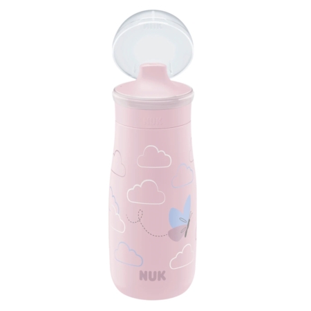 Une tasse à bec NUK rose avec un couvercle translucide ouvert, décoré de nuages et d'un papillon bleu. Dakar