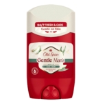 Un bâton rouge et blanc de déodorant Old Spice Gentle Man, étiqueté "24/7 Fresh & Care" et "Gentle on Skin", avec des notes d'aloès et de pluie, et des images de feuilles d'aloès sur l'emballage. Dakar