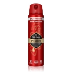 Une boîte rouge de 150 ml de Old Spice Epic Legend Déodorant vaporisateur pour homme est ornée d'un lion doré, de graphiques d'armure, d'un parfum de vanille bourbon, de 0 % de sels d'aluminium et d'un texte en gras "24/7 FRESSSHHH" en haut de la boîte. Dakar