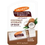 Emballage de Palmer's Coconut Oil Formula Coconut Hydrate Lip Balm with Vitamin E, avec des images de noix de coco et un tube de baume à lèvres blanc. L'emballage met en avant l'hydratation de 48 heures et l'hydratation des lèvres sèches. Dakar