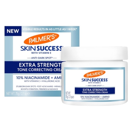 Un pot et une boîte de Palmer's Crème Correctrice de Teint Extra-Forte Anti-Taches Brunes 75g avec de la vitamine E, du niacinamide, des acides aminés et de l'acide hyaluronique pour un soin anti-taches et des résultats visibles en une semaine seulement. Dakar