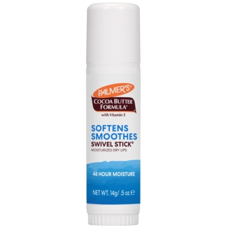Un tube de Palmer's Cocoa Butter Formula Swivel Stick, étiqueté pour adoucir et lisser les lèvres, avec une hydratation de 48 heures et de la vitamine E. Le tube est blanc avec un texte bleu et marron et contient 14g (0.5 oz). Dakar