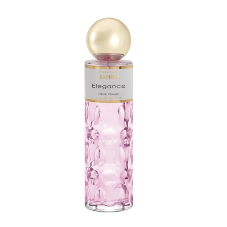 Un grand flacon de parfum rose transparent avec des côtés texturés, un bouchon rond doré et une étiquette indiquant "Parfum Saphir Elegance Pour Femme". Dakar