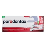 Une boîte de dentifrice Parodontax Blancheur duo pack, contenant deux tubes de 75 ml. L'emballage est principalement blanc, rouge et bleu, avec des images des tubes de dentifrice et une fleur sur le côté droit. Dakar