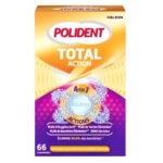 Boîte de comprimés Polident Total Action pour le nettoyage des prothèses dentaires, avec un design jaune et violet, des bulles et un texte soulignant "7 actions" et "élimine 99,9% des bactéries" sur la face avant. Contient 66 comprimés. Dakar
