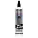 Un flacon pulvérisateur blanc de 400 ml de Redken One United Multi-Benefit Treatment avec une pompe et une étiquette noires, mettant en évidence ses 25 avantages pour le soin des cheveux sur la face avant. Dakar