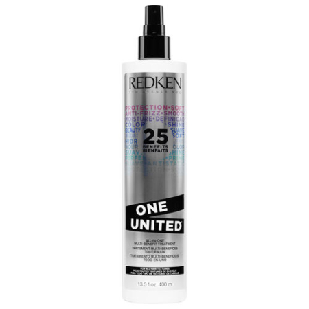 Un flacon pulvérisateur blanc de 400 ml de Redken One United Multi-Benefit Treatment avec une pompe et une étiquette noires, mettant en évidence ses 25 avantages pour le soin des cheveux sur la face avant. Dakar