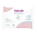 Un paquet blanc de lingettes intimes Saforelle avec des accents roses, étiqueté comme contenant 10 lingettes sans parfum avec 99% d'ingrédients d'origine naturelle. Texte en français, néerlandais et anglais. Fabriqué en France. Dakar