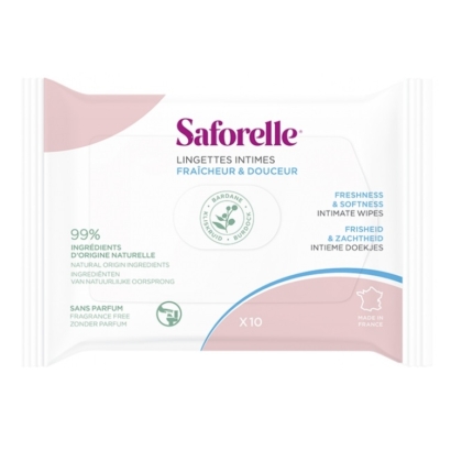 Un paquet blanc de lingettes intimes Saforelle avec des accents roses, étiqueté comme contenant 10 lingettes sans parfum avec 99% d'ingrédients d'origine naturelle. Texte en français, néerlandais et anglais. Fabriqué en France. Dakar