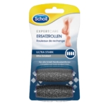 Paquet de Scholl ExpertCare Ersatzrollen, rouleaux de remplacement ultra résistants pour le soin des pieds, comprenant deux rouleaux exfoliants noirs dans un étui en plastique transparent, avec la marque du produit et une image de pied sur l'étiquette. Dakar