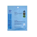 Un emballage bleu de produit de soin de la peau comprenant un flacon de sérum et un masque en feuille. Le texte met en évidence "300μL HydroP Reedele Shot" et "Hydrop Reedele Shot 300+ 2Step Mask" avec divers détails et logos affichés. Dakar